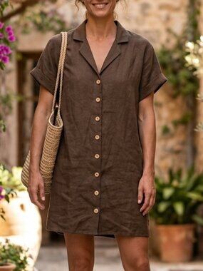 Miou Muse Brown Linen Short Sleeve Button Down Mini Shirt Dress Size L